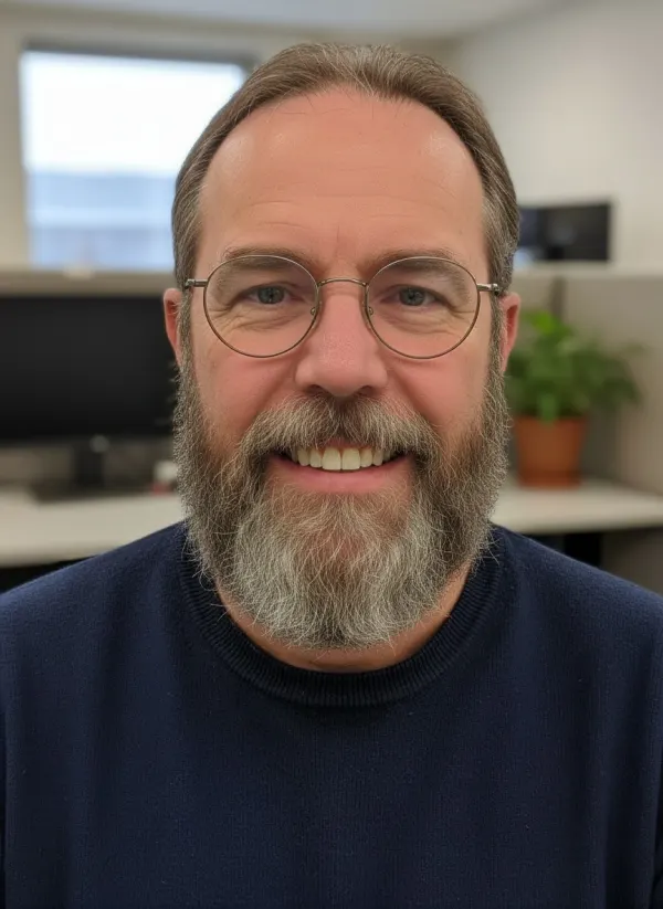 Before and after AI smile filter result: the same man smiling, glasses and beard unchanged